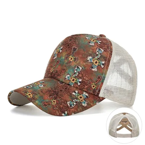 Cappellino da Baseball Donna Criss Cross Coda di Cavallo Cappello Trucker in Mesh Vintage Stampato Croce Girasole Regolabile Cappello da Sole Moda Copricapo