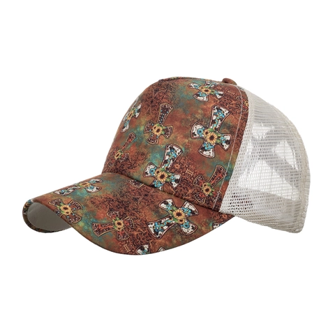 Cappellino da Baseball Donna Criss Cross Coda di Cavallo Cappello Trucker in Mesh Vintage Stampato Croce Girasole Regolabile Cappello da Sole Moda Copricapo