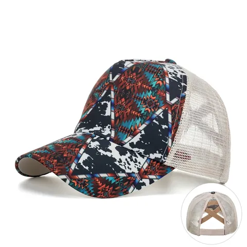 Berretto da Baseball con Coda di Cavallo Donna Cappello Trucker in Rete Stampa Cow Boy Etnica Geometrica Chiusura Elastica Regolabile Cotone