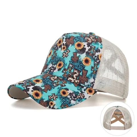 Berretto da Baseball per Coda di Cavallo da Donna Cappello Trucker in Rete Cotone Girasole Leopardo Croce Stampa Verde Germano