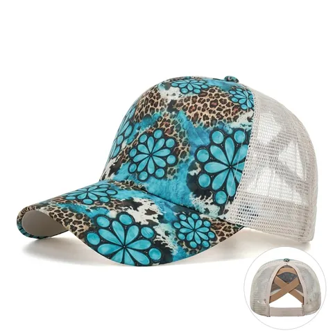 Damen Pferdeschwanz Trucker Hat Leopard Blumenmuster Mesh Criss Cross High Messy Bun Baseballkappe Sonnenschutz Casual Hut