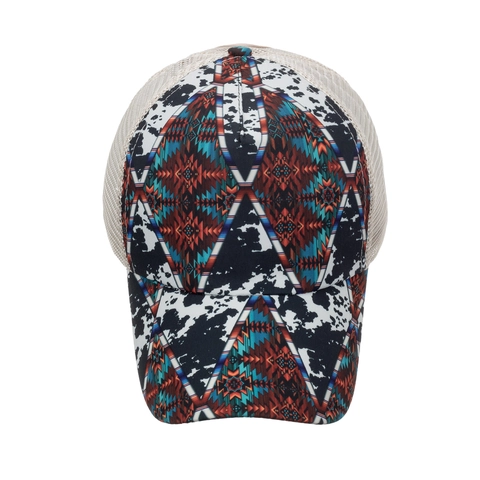 Berretto da Baseball con Coda di Cavallo Donna Cappello Trucker in Rete Stampa Cow Boy Etnica Geometrica Chiusura Elastica Regolabile Cotone
