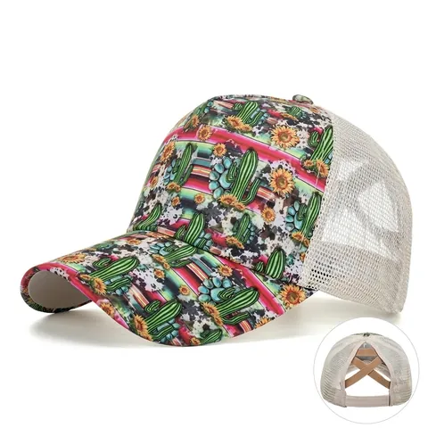 Berretto da Baseball da Donna alla Moda con Stampa Cactus Girasole Rete Foro per Coda di Cavallo Cappello Traspirante in Cotone