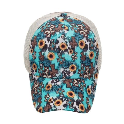 Berretto da Baseball per Coda di Cavallo da Donna Cappello Trucker in Rete Cotone Girasole Leopardo Croce Stampa Verde Germano