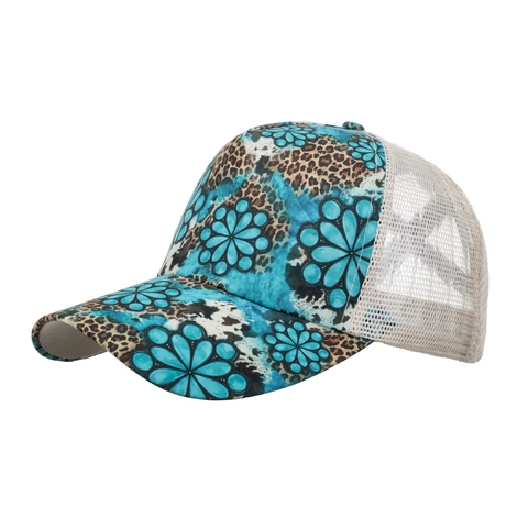 Damen Pferdeschwanz Trucker Hat Leopard Blumenmuster Mesh Criss Cross High Messy Bun Baseballkappe Sonnenschutz Casual Hut