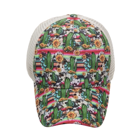 Berretto da Baseball da Donna alla Moda con Stampa Cactus Girasole Rete Foro per Coda di Cavallo Cappello Traspirante in Cotone