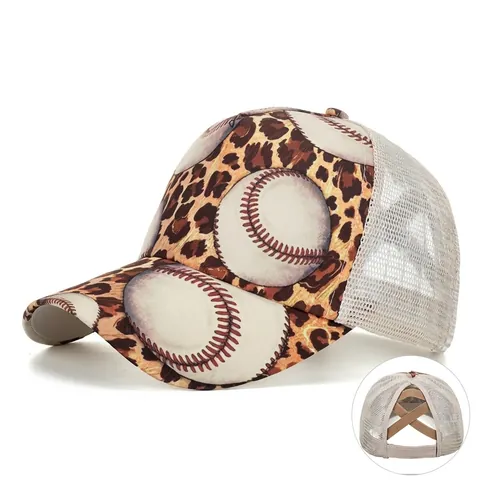 Leopard Print Baseball Cap With Ponytail Hole Mesh Back Women Fashion Trucker Hat For Summer Outdoor Sun Protection