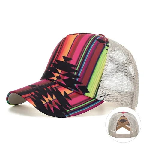 Cappello da Baseball da Donna per Coda di Cavallo Con Retro Incrociato Motivo Etnico a Righe Cappello Trucker in Rete Traspirante Protezione Solare Outdoor Casual