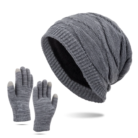 Winter Thick Warm Acrylic Knit Hat And Touchscreen Glove Set For Men Fleece Lined Beanie Slouchy Skull Cap Outdoor Set