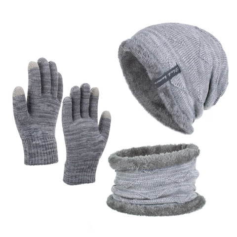 Men Winter Warm Knitted Beanie Hat Neck Warmer Scarf Touchscreen Gloves Thick Fleece Lined Striped Outdoor Cold Weather Gear