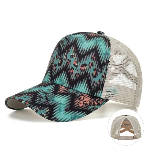 Cappellino da Baseball Donna Incrociato a Coda di Cavallo Alta in Rete Traspirante Trucker Hat Stampa Leopardo Onde Protezione Solare