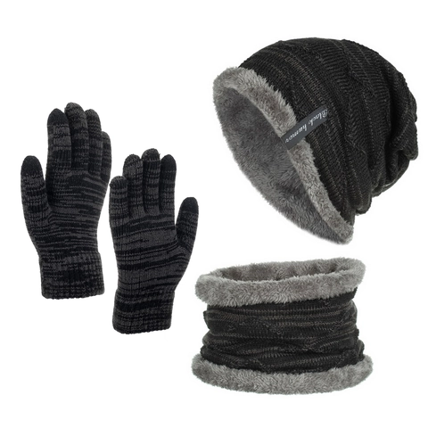 Men Winter Warm Knitted Beanie Hat Neck Warmer Scarf Touchscreen Gloves Thick Fleece Lined Striped Outdoor Cold Weather Gear