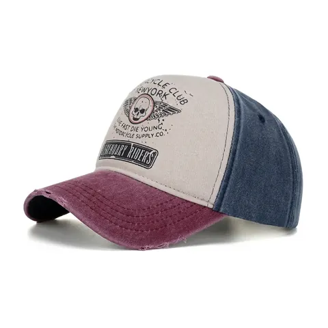 Vintage Washed Distressed Patchwork Baseball Cap For Men Women Motorcycle Club Skull Pattern Cotton Adjustable Sun Hat