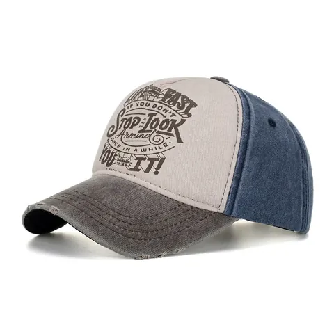 Gorra de Béisbol Vintage Desgastada para Hombre y Mujer Algodón Lavado Color Block Sombrero de Sol Ajustable Retro Americano Impresión Tipográfica
