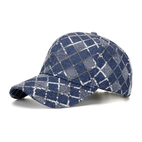 Berretto da Baseball in Stile Denim con Paillettes Scintillanti e Motivo a Rombi Cappello da Sole Regolabile per Donna Uomo Moda Street