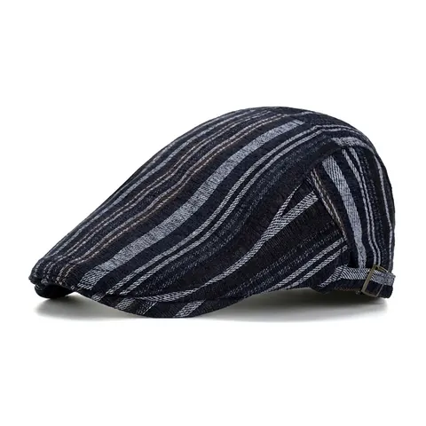 Retro British Style Striped Flat Cap For Men Winter Warm Cotton Blend Adjustable Ivy Gatsby Painter Forward Hat
