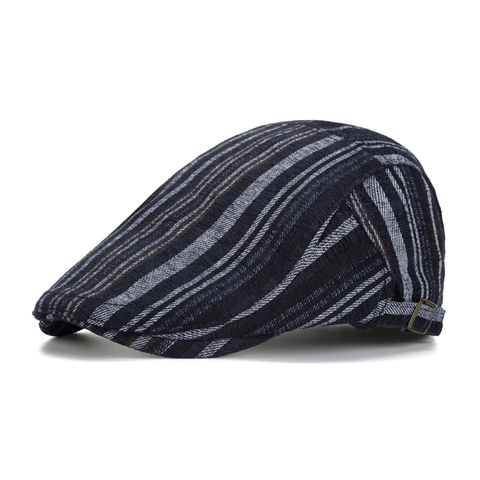 Retro British Style Striped Flat Cap For Men Winter Warm Cotton Blend Adjustable Ivy Gatsby Painter Forward Hat