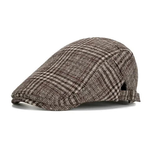 Vintage British Style Plaid Flat Cap For Men Winter Warm Polyester Cotton Newsboy Cap With Adjustable Metal Buckle