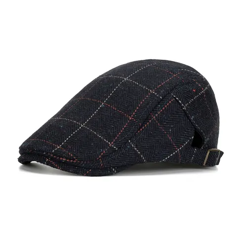 British Vintage Men Herringbone Plaid Flat Cap Cotton Blend Newsboy Ivy Hat With Adjustable Buckle For Winter Warmth