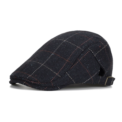 British Vintage Men Herringbone Plaid Flat Cap Cotton Blend Newsboy Ivy Hat With Adjustable Buckle For Winter Warmth