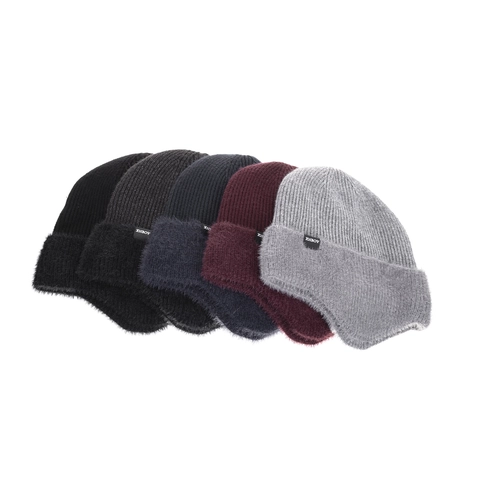 Men Winter Warm Knit Beanie Hat Thick Fleece Lined Earflap Hat Windproof Outdoor Ribbed Skull Cap With Faux Fur Trim