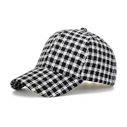 Vintage Ruit Polyester Honkbalpet Voor Dames Heren Klassiek Hahnentritt Geweven Textuur Gebogen Rand Zonbescherming Buiten Casual Verstelbare Hoed