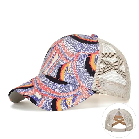 Berretto da Baseball da Donna con Apertura Incrociata per Coda di Cavallo Stampa Multicolore Cappello Parasole in Rete di Cotone
