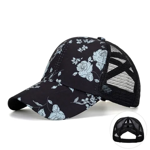 Berretto da Baseball con Foro per Coda di Cavallo Incrociato da Donna Stampa Floreale Retro in Mesh Traspirante Berretto Regolabile