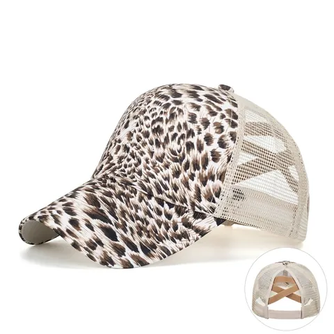Damen Leopardenmuster Pferdeschwanz Baseballkappe Criss Cross Netz Trucker Hut Atmungsaktiv Baumwollmischung Sonnenschutz Hut