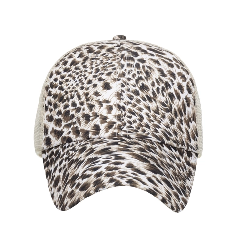 Damen Leopardenmuster Pferdeschwanz Baseballkappe Criss Cross Netz Trucker Hut Atmungsaktiv Baumwollmischung Sonnenschutz Hut