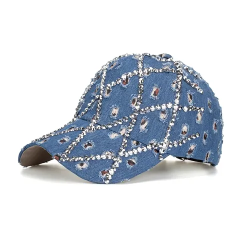 Γυναικείο Καπέλο Μπέιζμπολ Denim Distressed Στρας Λεοπάρ Σχέδιο Καπέλο Ήλιου Vintage Βαμβακερό Ρυθμιζόμενο Καπέλο