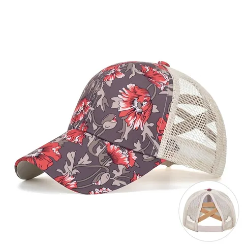 Berretto da Baseball con Coda di Cavallo da Donna Criss Cross Messy Bun Cappello Trucker Stampa Floreale Rete Posteriore Regolabile