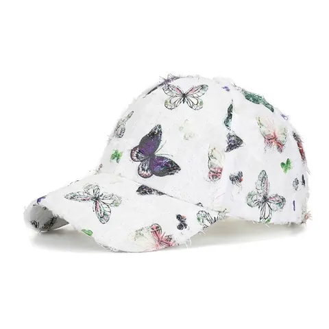 Damen Schmetterlingsdruck Distressed Baseballkappe Ausgefranste Kante Verstellbar Atmungsaktiv Sonnenhut Outdoor Reise Polyester Hat