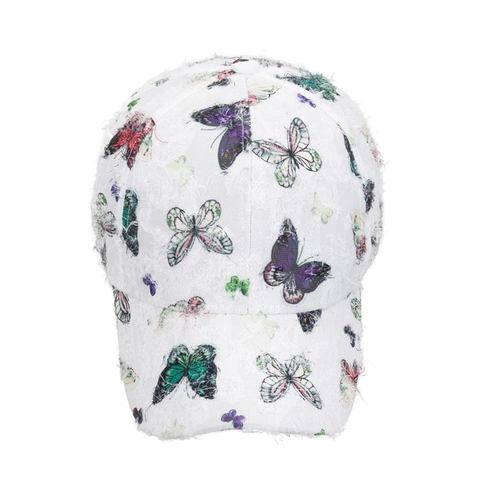 Damen Schmetterlingsdruck Distressed Baseballkappe Ausgefranste Kante Verstellbar Atmungsaktiv Sonnenhut Outdoor Reise Polyester Hat
