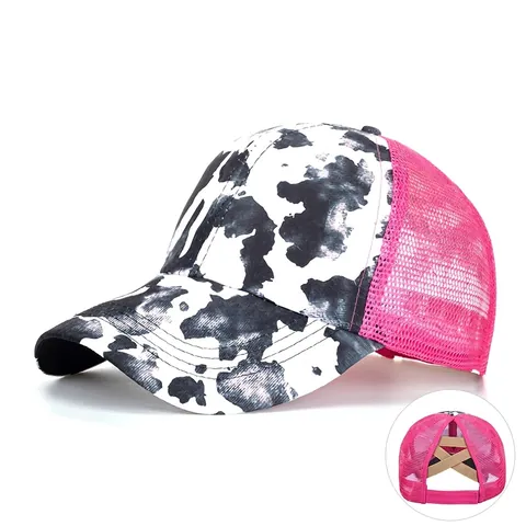 Berretto da Baseball da Donna con Coda di Cavallo Alta Stampa Mucca Mesh Trucker Hat Traspirante Protezione Solare Cappello