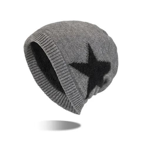 Men's Winter Warm Knitted Beanie Hat With Thick Fleece Lining Star Pattern Slouchy Skull Cap Outdoor Thermal Headwear