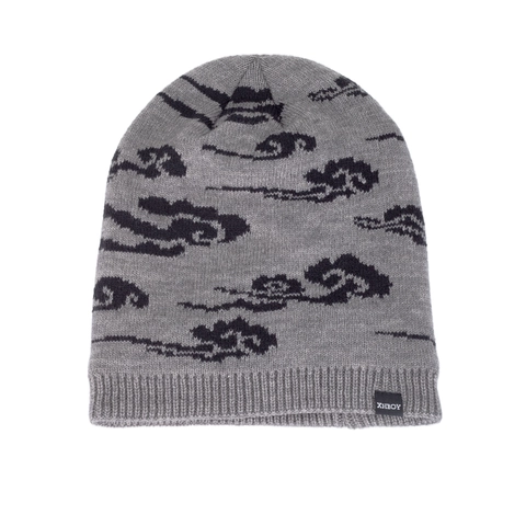 Vintage Cloud Pattern Knitted Beanie For Men Winter Warm Thickened Fleece Lined Outdoor Hat Casual Acrylic Slouchy Cap
