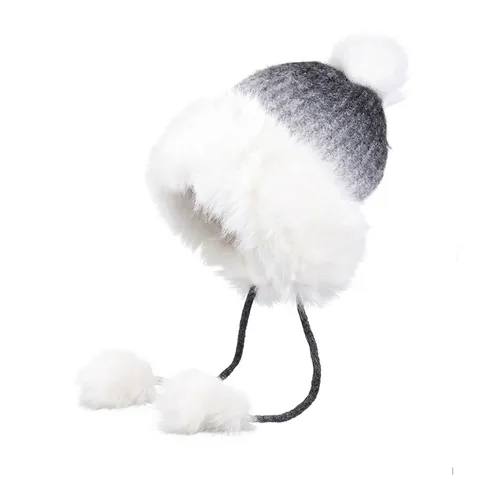 Women Winter Knit Beanie Hat With Faux Fur Trim Earflap Warm Gradient Pom Pom Cap For Outdoor Skiing Thick Windproof Hat
