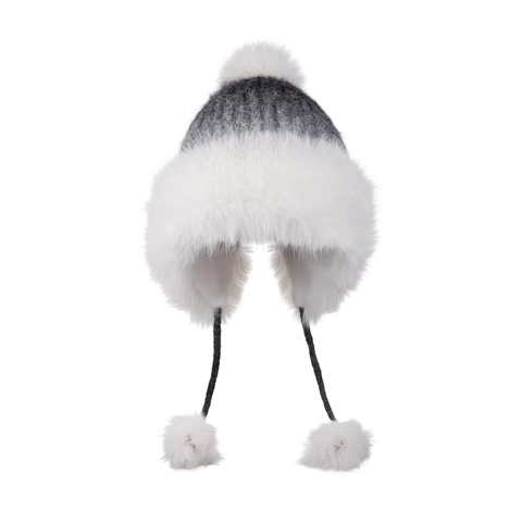 Women Winter Knit Beanie Hat With Faux Fur Trim Earflap Warm Gradient Pom Pom Cap For Outdoor Skiing Thick Windproof Hat