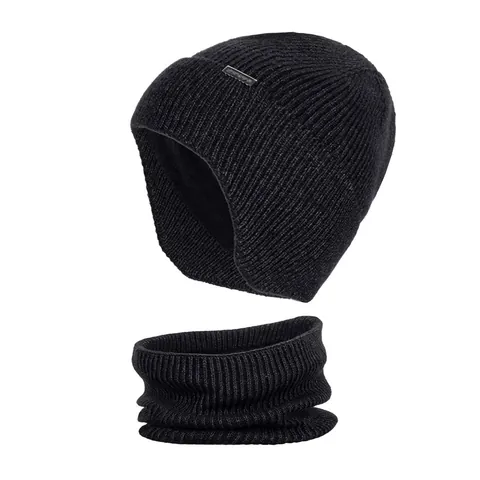 Men Women Winter Warm Knit Beanie Hat Scarf Set Thick Fleece Lined Earflap Cap Solid Ribbed Outdoor Skiing Neck Warmer