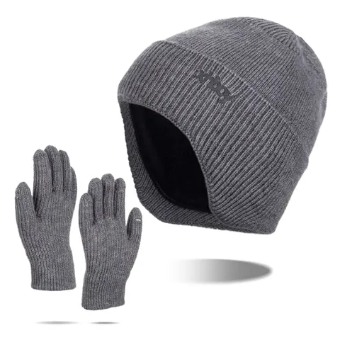 Conjunto de Gorro de Punto Cálido de Invierno Y Guantes Táctiles Con Forro Polar Gorro de Punto Acanalado Para Hombre Mujer