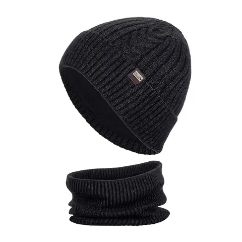 Men Winter Warm Knitted Beanie Hat And Neck Warmer Set Thickened Plus Velvet Lined Twist Knit Skull Cap Outdoor Thermal Accessories