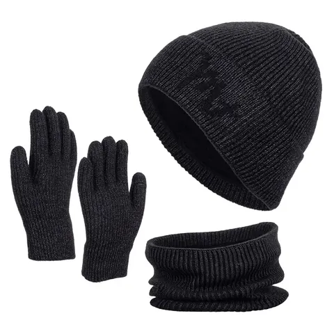 Winter Knitted Beanie Hat Ribbed Scarf And Touchscreen Gloves For Men Women Warm Fleece Lined Neck Warmer Outdoor Accessory