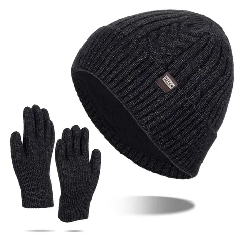 Conjunto de Gorro de Punto y Guantes Táctiles para Hombre Forro de Felpa Grueso Punto de Ocho Accesorios de Exterior