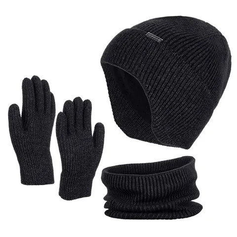 Set Invernale da 3 Pezzi Berretto Sciarpa e Guanti Touchscreen in Maglia Foderato in Pile Caldo Set Termico a Coste Uomo Donna