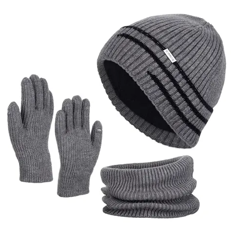 Bonnet Tricoté d'Hiver Cache-Col Écharpe Gants Tactiles Bonnet Écharpe Et Gants Doublés de Polaire Thermiques Côtelés Homme Extérieur