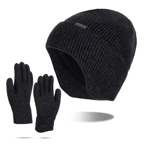 Men's Winter Warm Knit Beanie Hat And Gloves Set Fleece Lined Ear Protection Ribbed Knit Touchscreen Outdoor Skull Cap