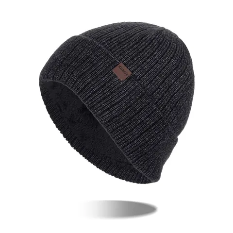 Winter Thick Warm Knitted Beanie For Men Women Fleece Lined Ribbed Knit Hat With Leather Patch Outdoor Windproof Cuff Hat