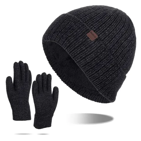 Men Winter Warm Knitted Beanie Hat And Gloves Set Acrylic Thick Fleece Lining Cold Weather Outdoor Thermal Headwear