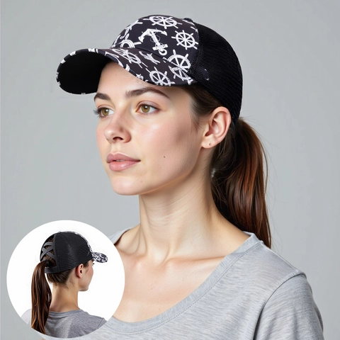 Berretto da Baseball in Rete con Stampa Nautica Ancora Timone per Donna Compatibile con Coda di Cavallo Fasce Incrociate Parasole